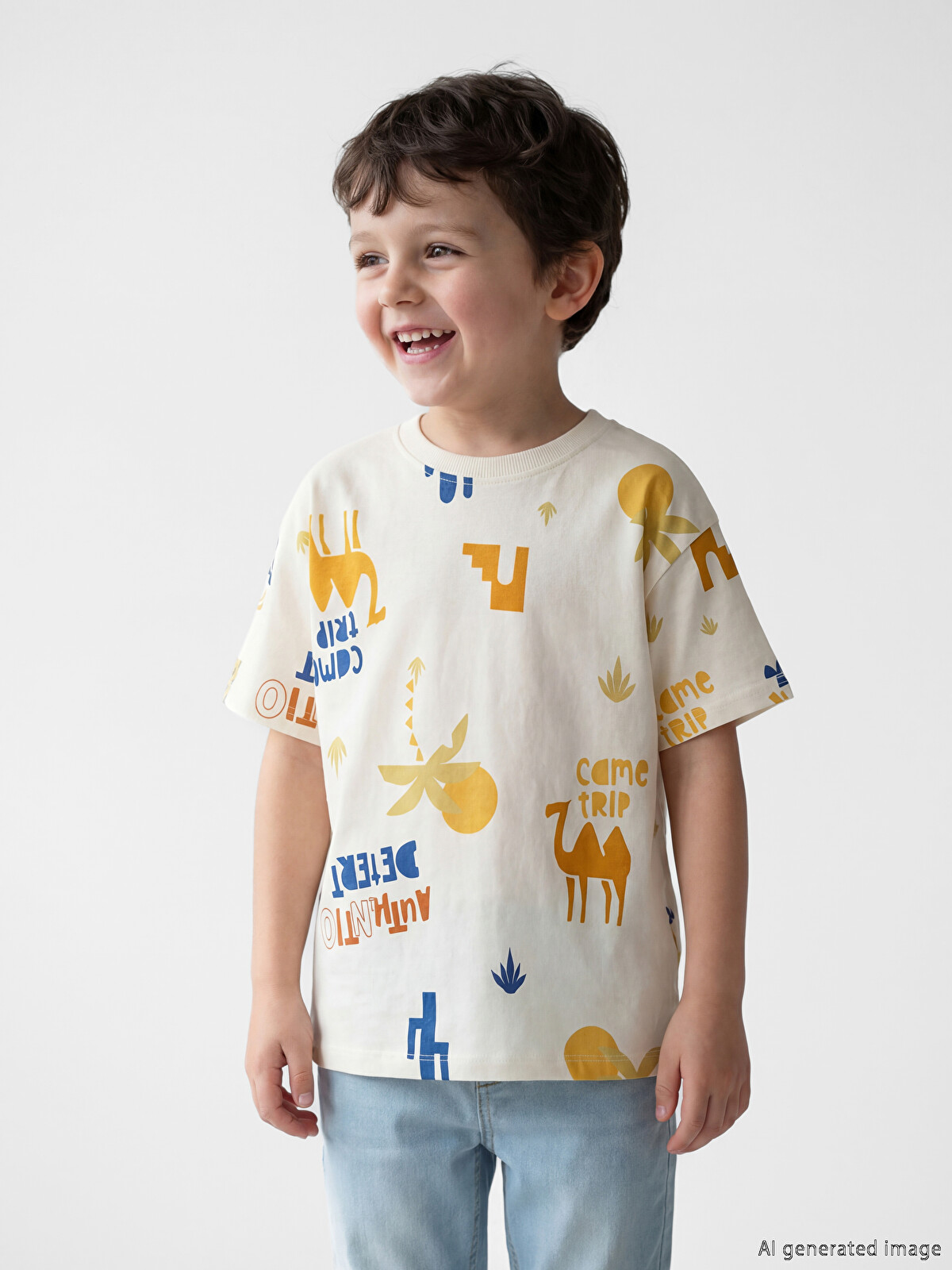 LCW Kids Bej Bisiklet Yaka Baskılı Erkek Çocuk Tişört - S61384Z1