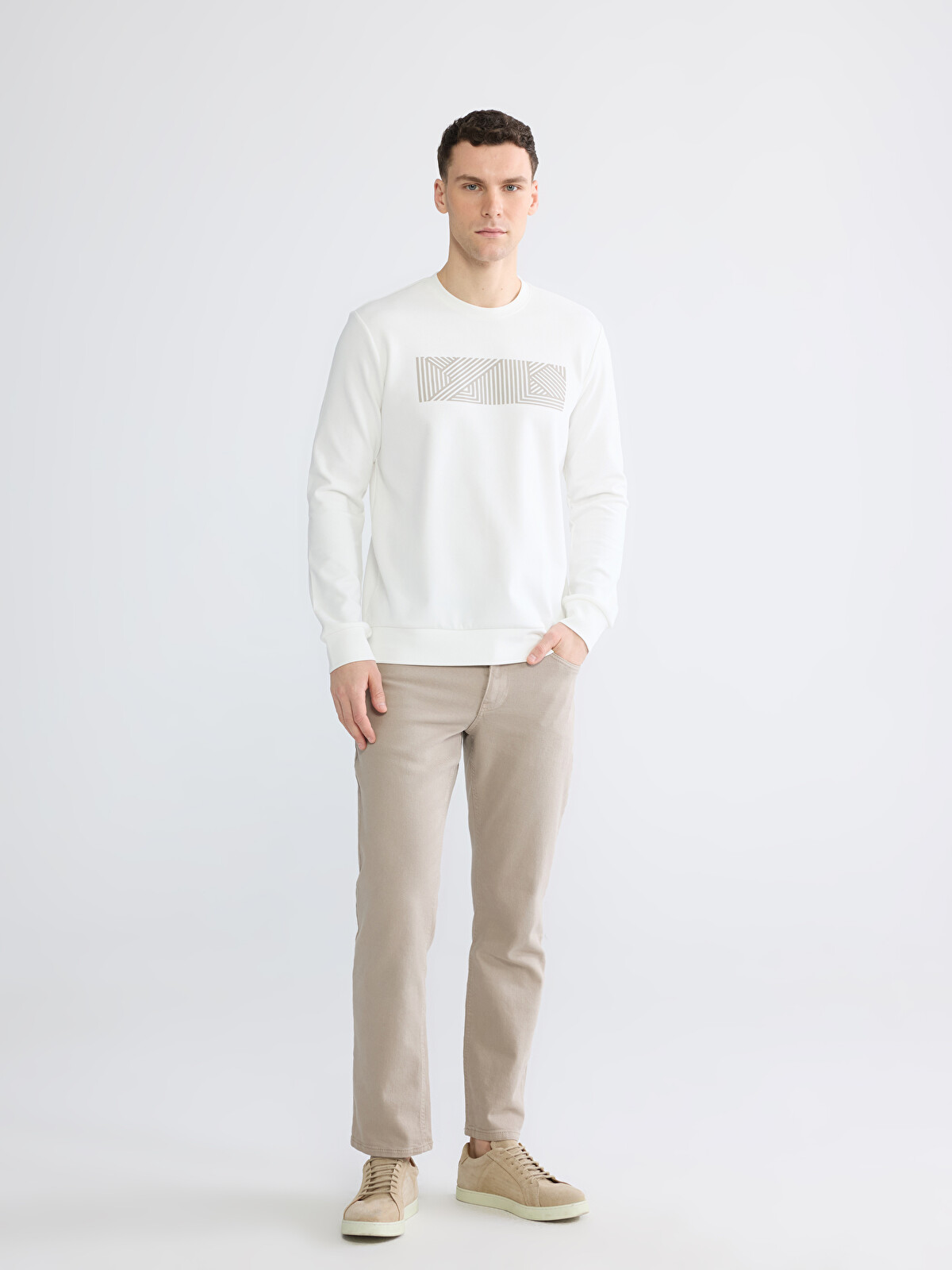 ラヴィ LCWAIKIKI Classic Beyaz Bisiklet Yaka Baskılı Erkek Sweatshirt