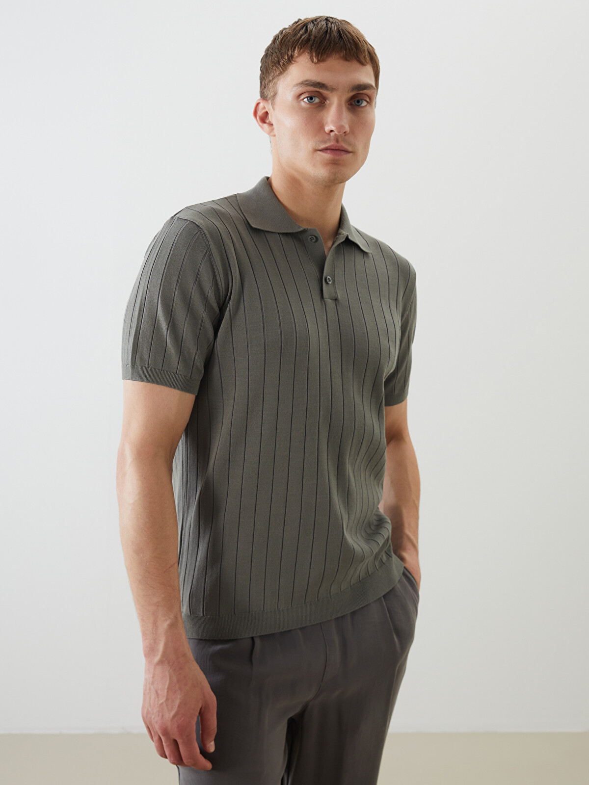 LCW Vision Yeşil Polo Yaka Çizgili Erkek Triko Tişört - S62194Z8