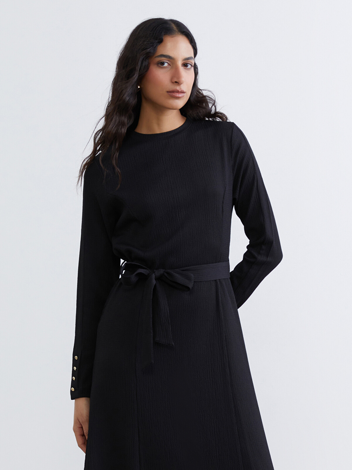 LCW Modest Bisiklet Yaka Dokulu Kuşaklı Elbise - S64329Z8-CVL | LC