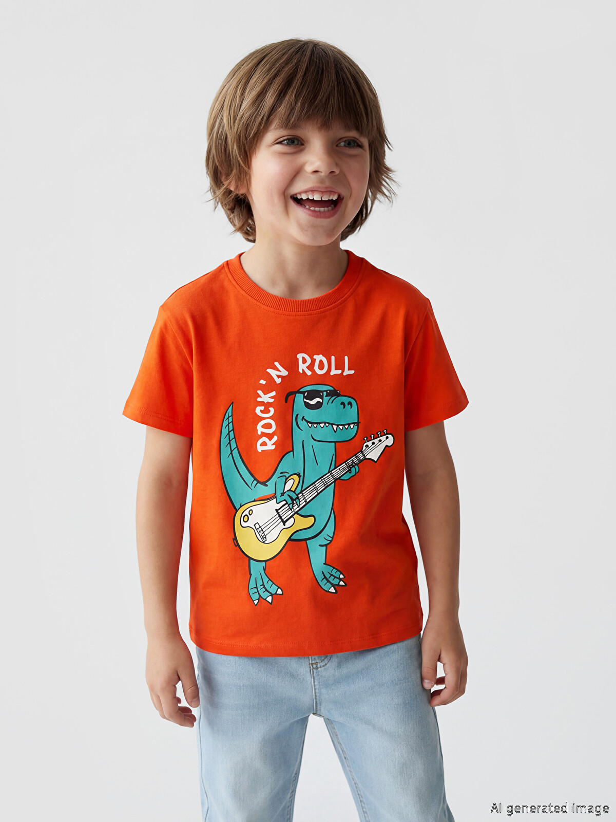 LCW Kids Turuncu Bisiklet Yaka Baskılı Erkek Çocuk Tişört
