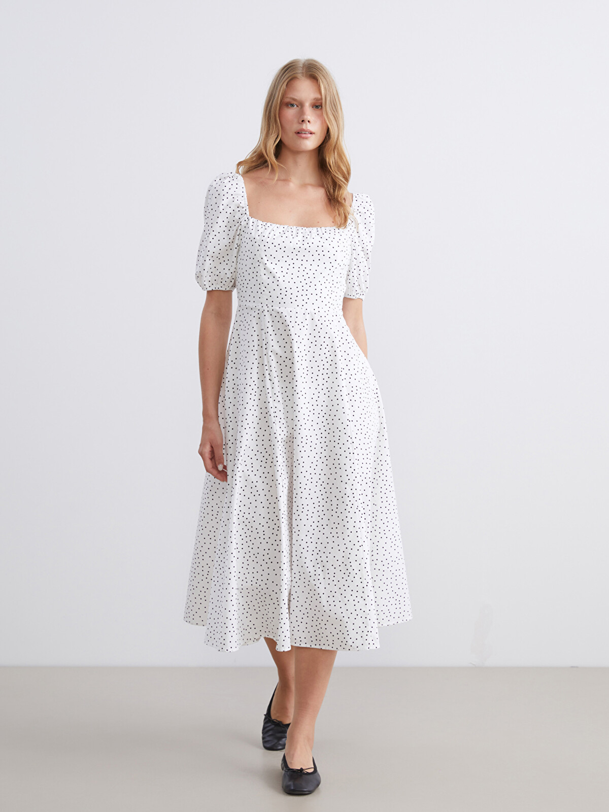 XSIDE Polka Dot Puff Sleeve Fitted Waist Midi Women's Dress