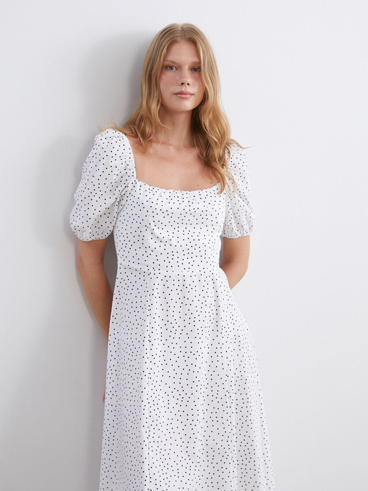 XSIDE Polka Dot Puff Sleeve Fitted Waist Midi Women's Dress