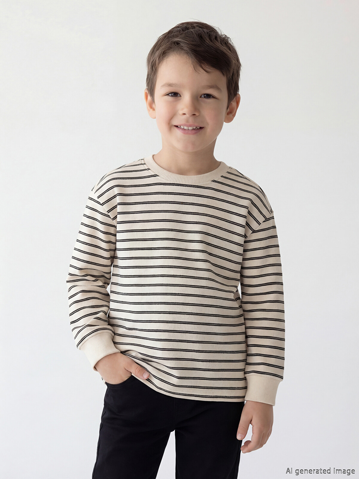LCW Kids Kahverengi Çizgili Uzun Kollu Erkek Çocuk Tişört