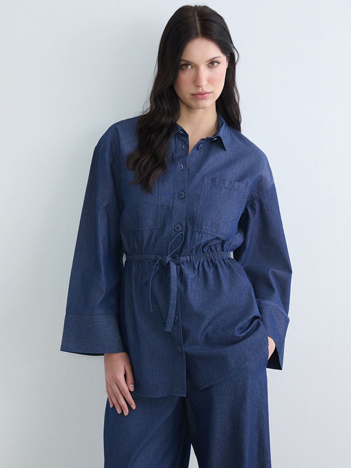 LCW Comfort Ruched Women's Denim Shirt - S65152Z8-507 | LC Waikiki