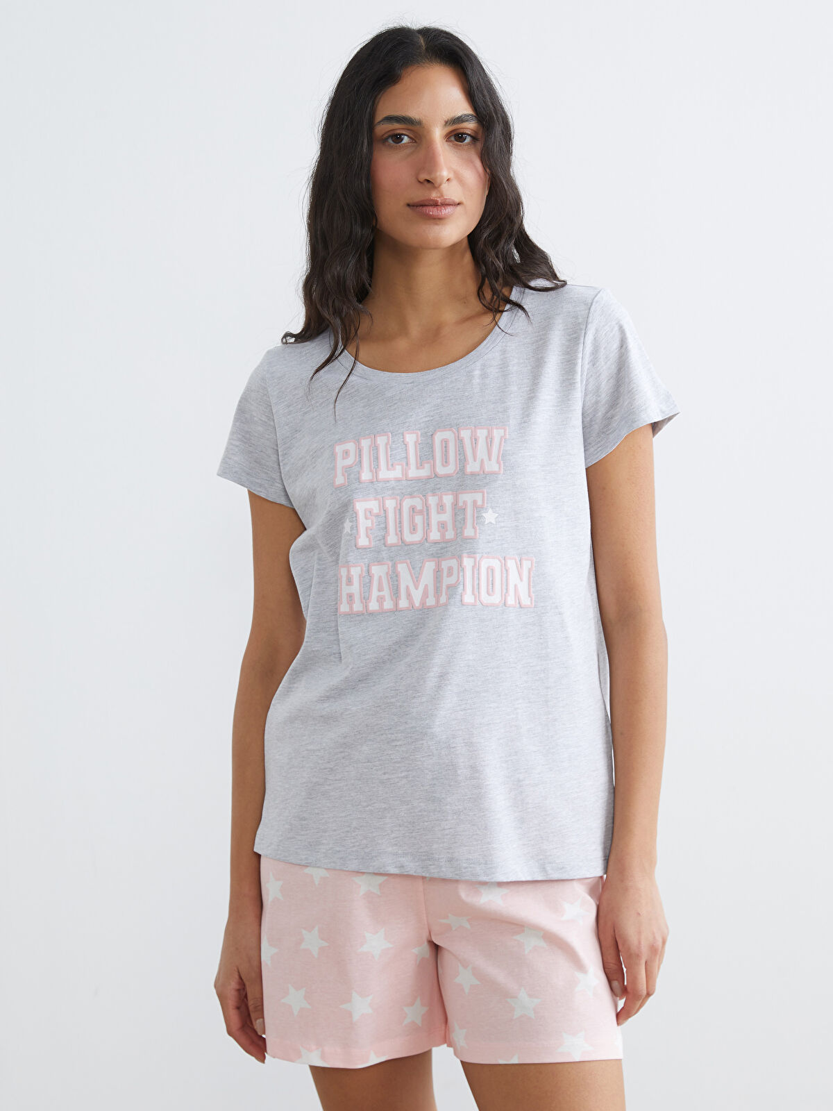 LCW DREAM Pembe Bisiklet Yaka Baskılı Kadın Şortlu Pijama Takımı