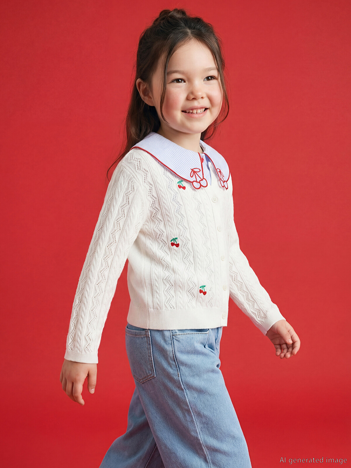 LCW Kids Ekru Kiraz Nakışlı Kız Çocuk Triko Hırka - S67331Z1-FES | LCW