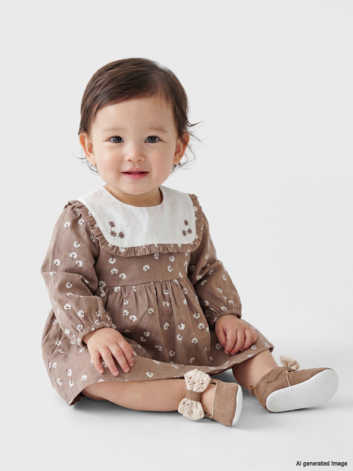 【 bebe 】 LCW baby Kahverengi Bebe Yaka Çiçekli Kız Bebek Gabardin Elbise