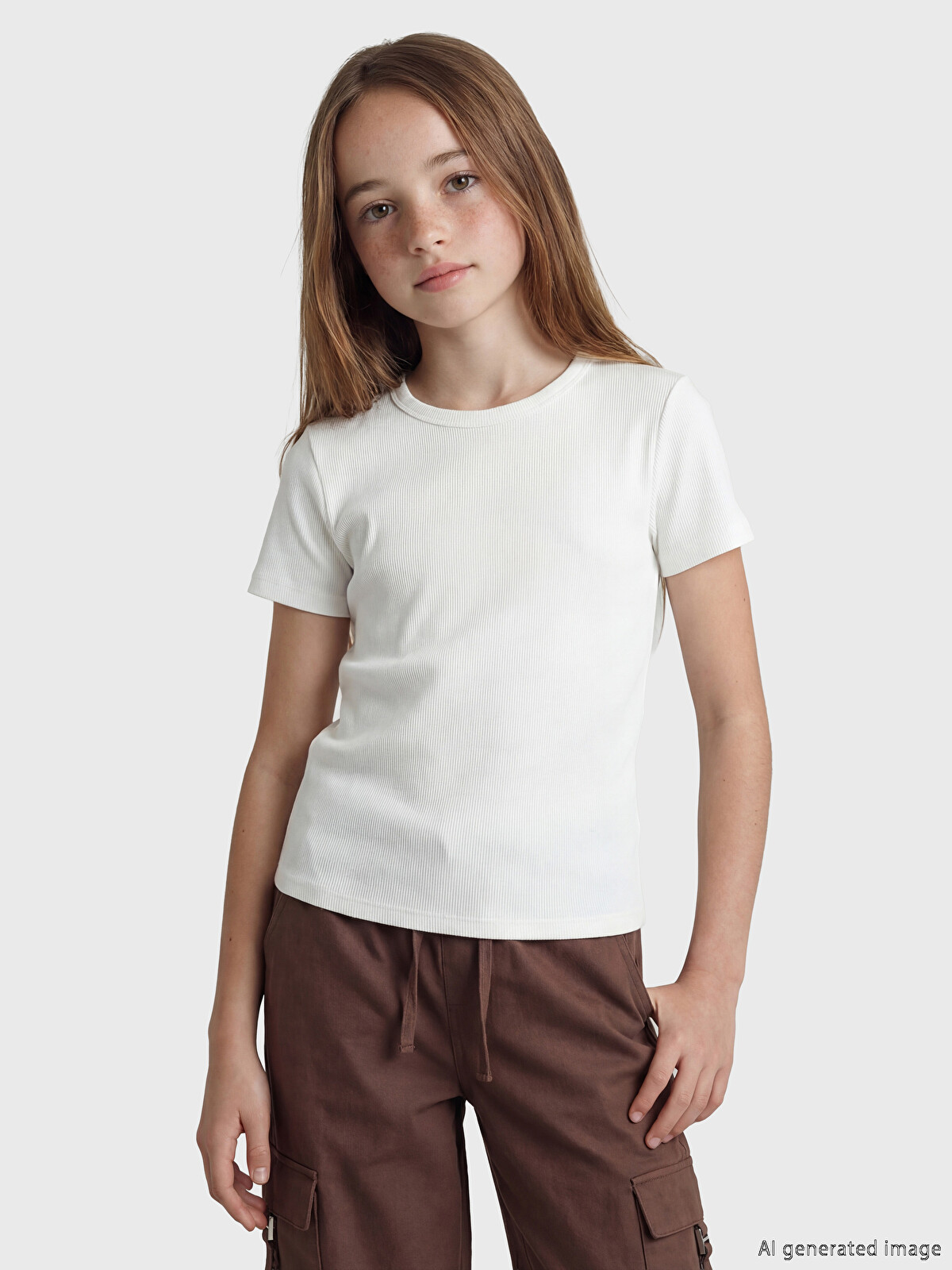 LCW Kids Bisiklet Yaka Kız Çocuk Fitilli Tişört - S67862Z4-FES | LCW