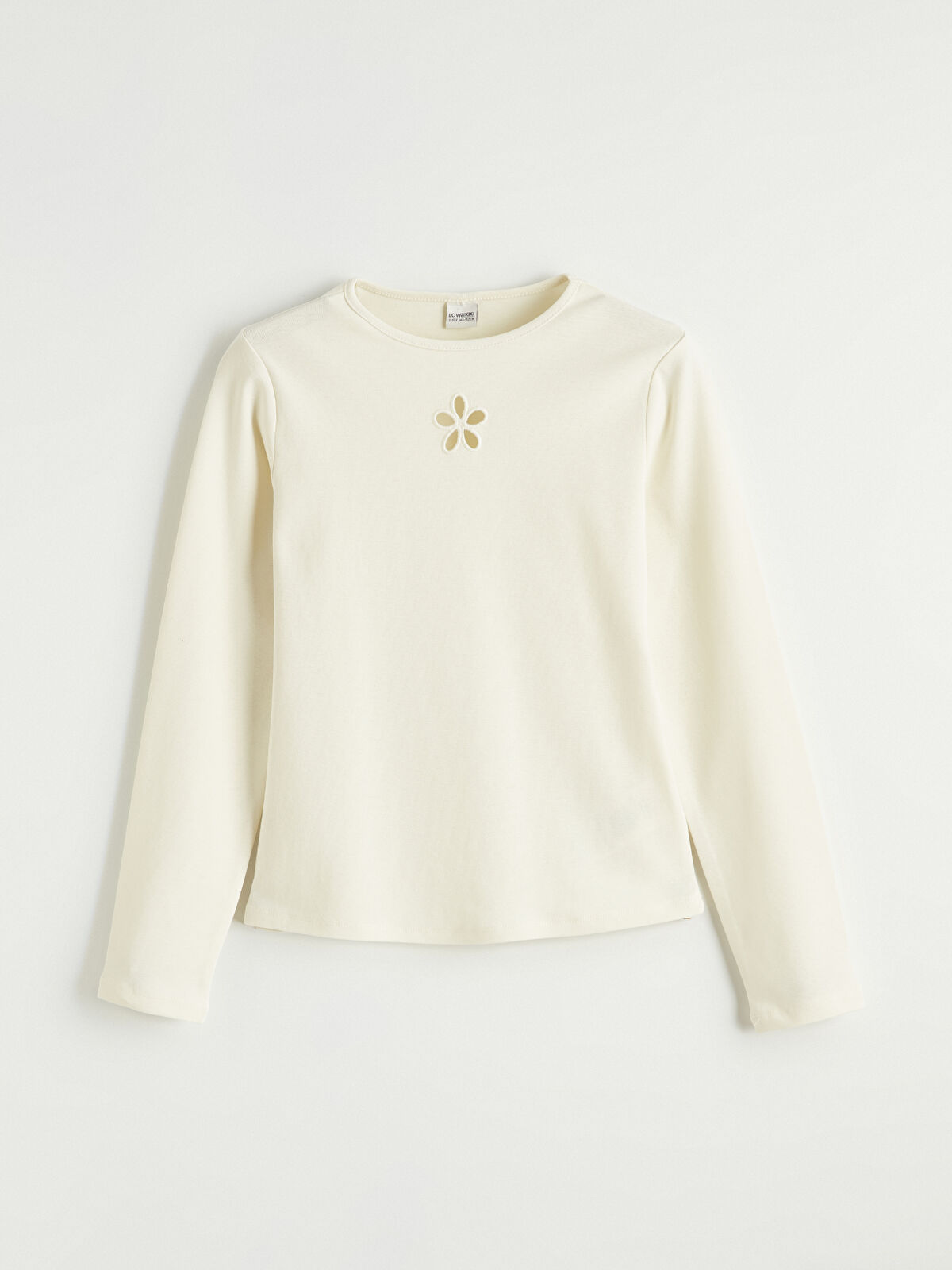 LCW Kids Ekru Bisiklet Yaka Çiçek Detaylı Kız Çocuk Tişört