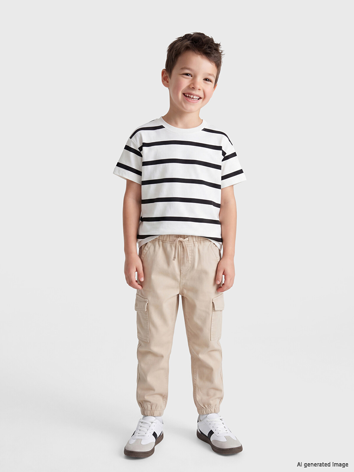 LCW Kids Ekru Bisiklet Yaka Çizgili Erkek Çocuk Tişört - S69159Z1