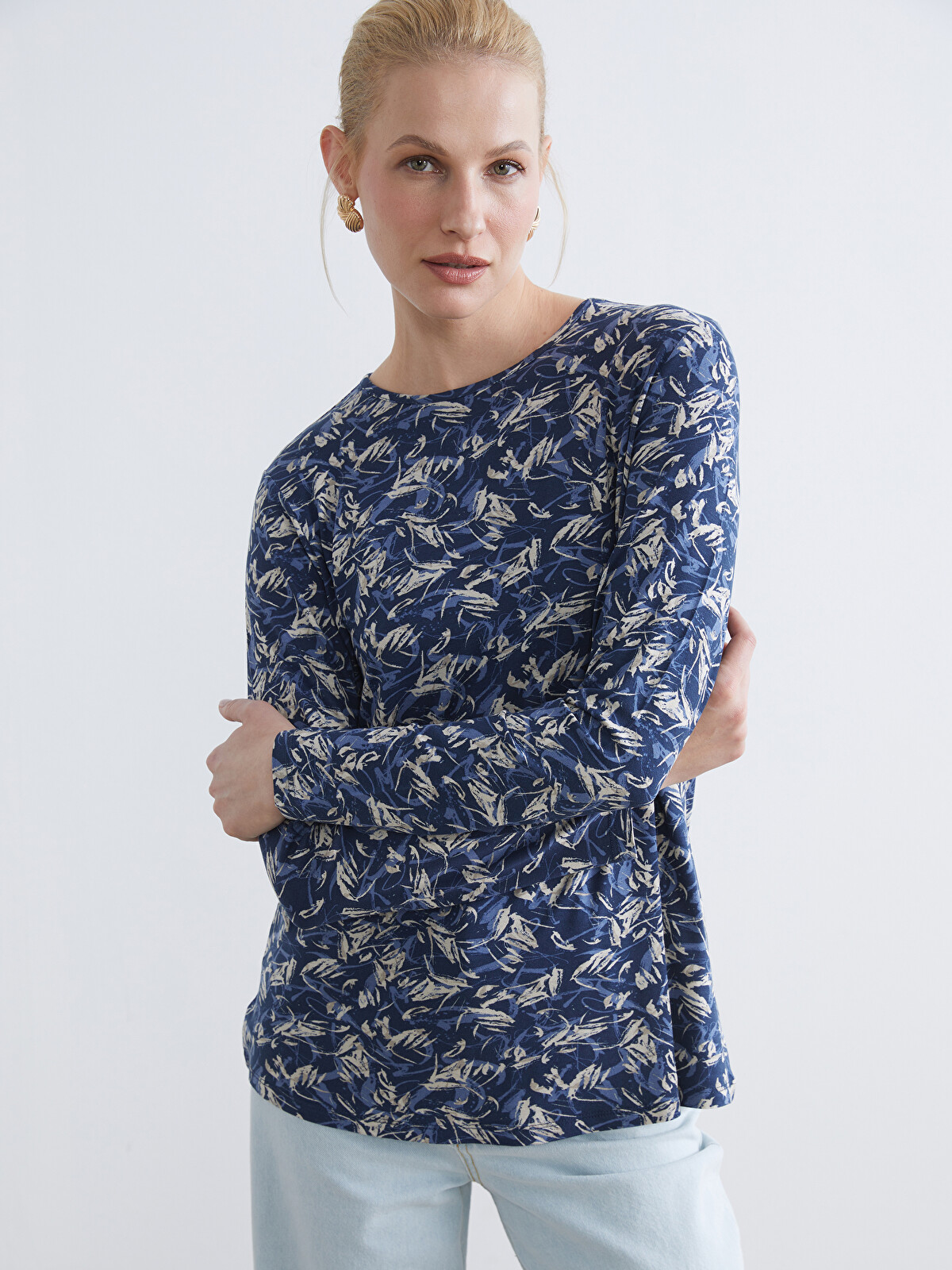 LCW Grace Lacivert Bisiklet Yaka Desenli Bluz - S69429Z8-LSH | LCW
