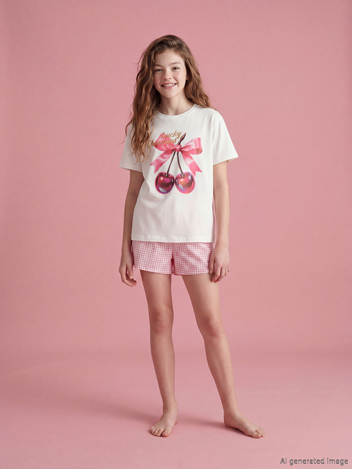 LCW Kids Ekru Bisiklet Yaka Baskılı Kız Çocuk Pijama Takım