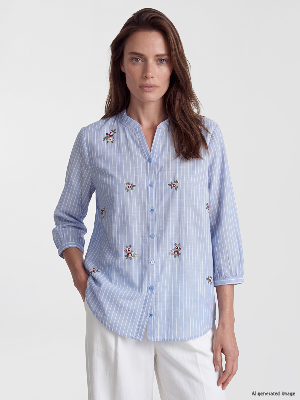 LCW Grace Frilled Notch Neck Striped Women's Shirt - S69771Z8-LEN