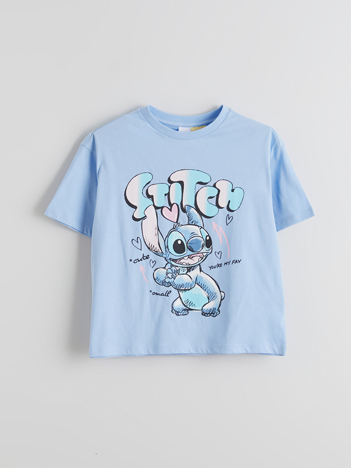 LCW Kids Mavi Bisiklet Yaka Stitch Baskılı Kız Çocuk Tişört