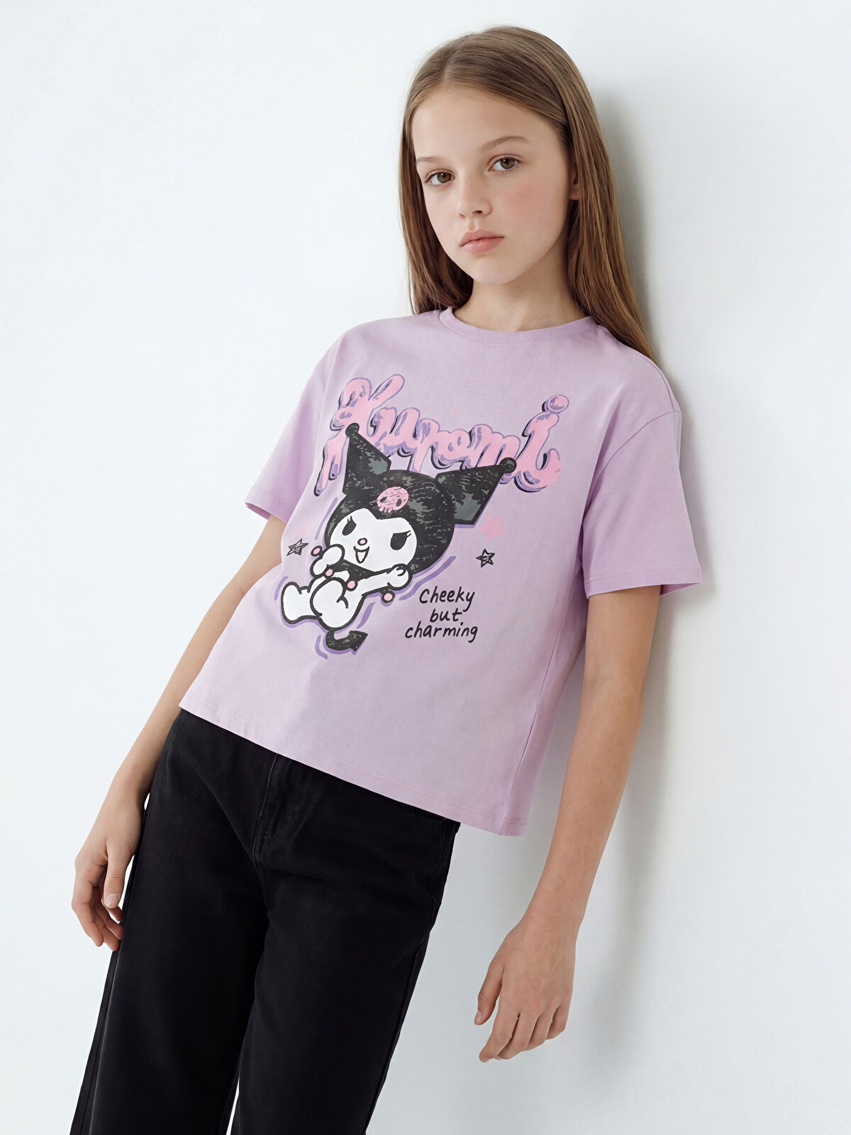 LCW Kids Lila Kuromi Baskılı Bisiklet Yaka Kız Çocuk Tişört