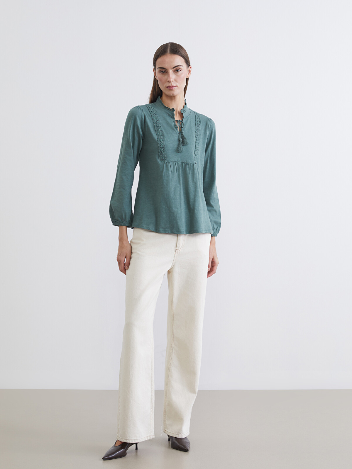 LCW Grace Embroidered Blouse with a Tie Neck and Ruched Detailing