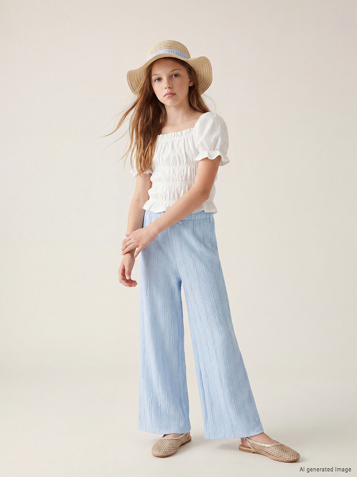 LCW Kids Girls' Wide Leg Textured Trousers - S69927Z4-QJH | LC Waikiki