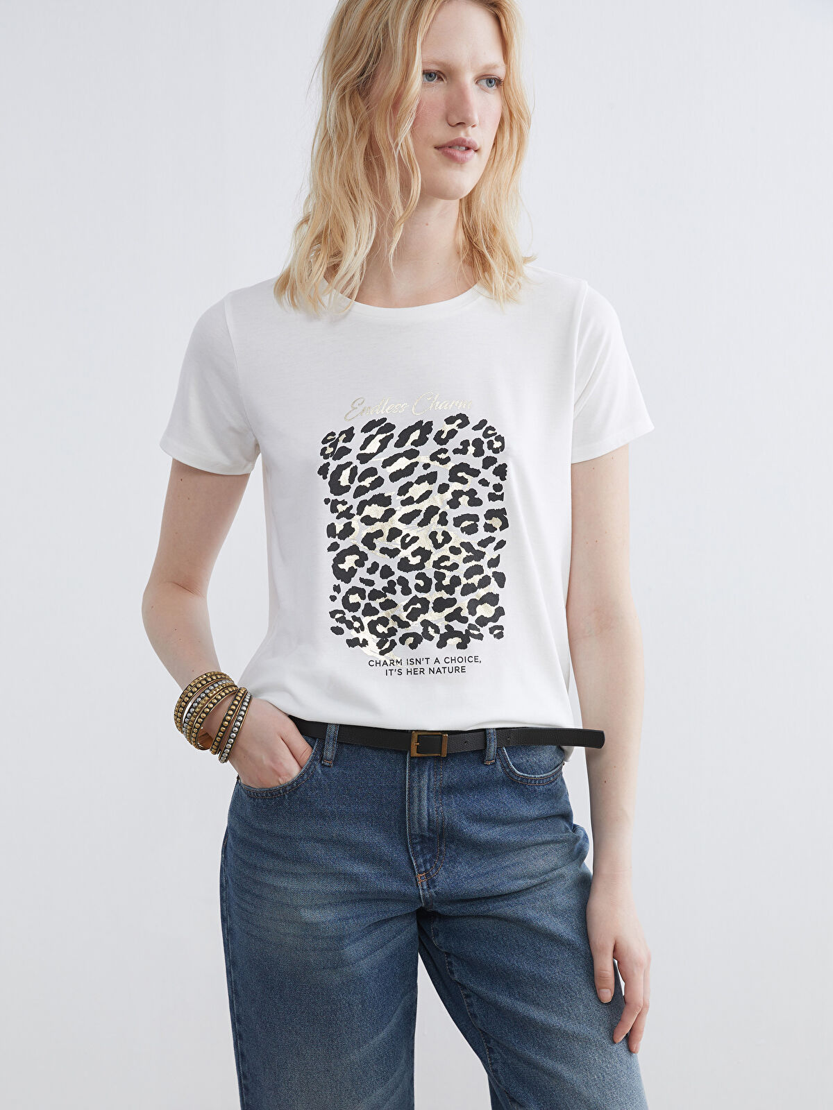 LCW EVERYDAY Bisiklet Yaka Leopar Desenli Kadın Tişört