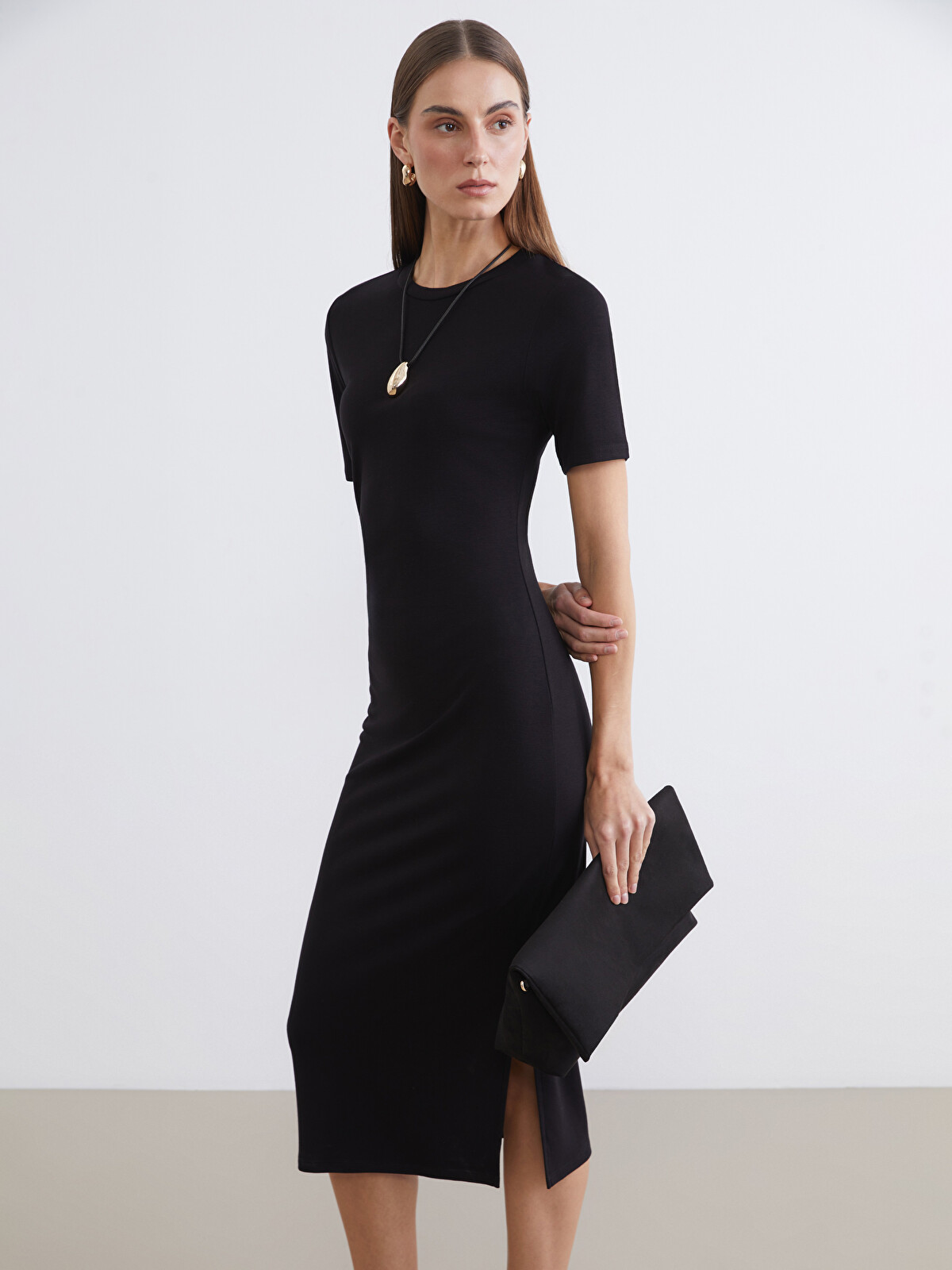 LCW EVERYDAY Crew Neck Gathered Slit Detail Dress - S6AO19Z8-CVL