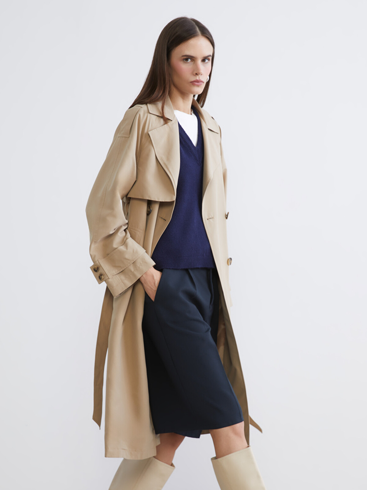LCW Vision Double-Breasted Belted Women's Trench Coat - S6AO22Z8