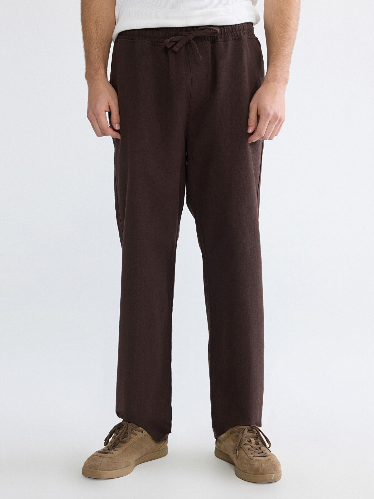 XSIDE Kahverengi Relax Fit Keten Görünümlü Erkek Pantolon