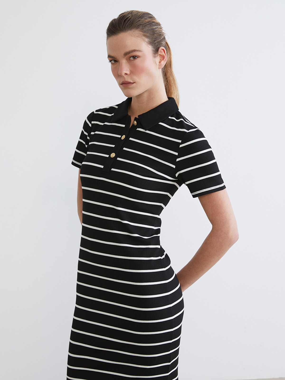 LCW Comfort Striped Polo Collar Bodycon Dress - S6AY50Z8-LEG - LC Waikiki