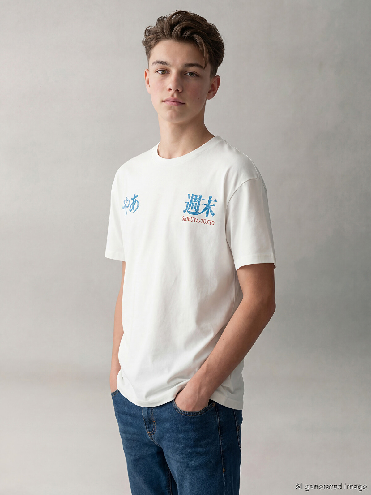LCW Kids Beyaz Bisiklet Yaka Tokyo Baskılı Erkek Çocuk Tişört
