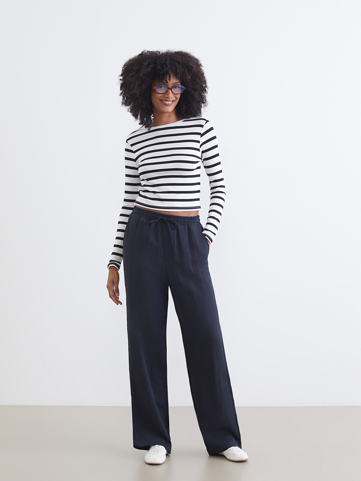 XSIDE Textured Women's Trousers with Elastic Waistband - S6BK43Z8