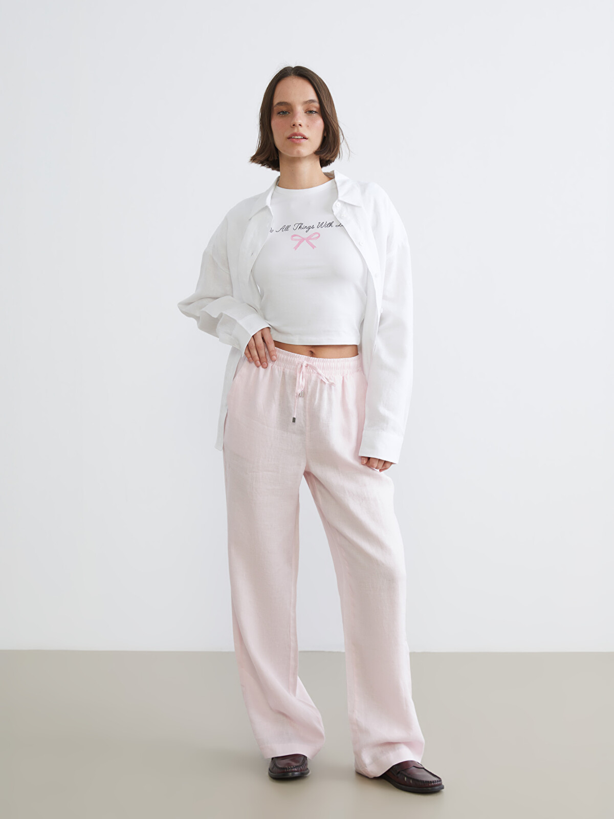 XSIDE Elastic Waist Linen Women's Trousers - S6BK48Z8-DMQ - LC Waikiki