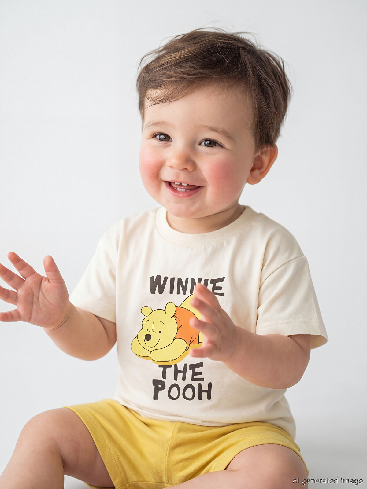 LCW baby Ekru Winnie The Pooh Baskılı Erkek Bebek Şort ve Tişört