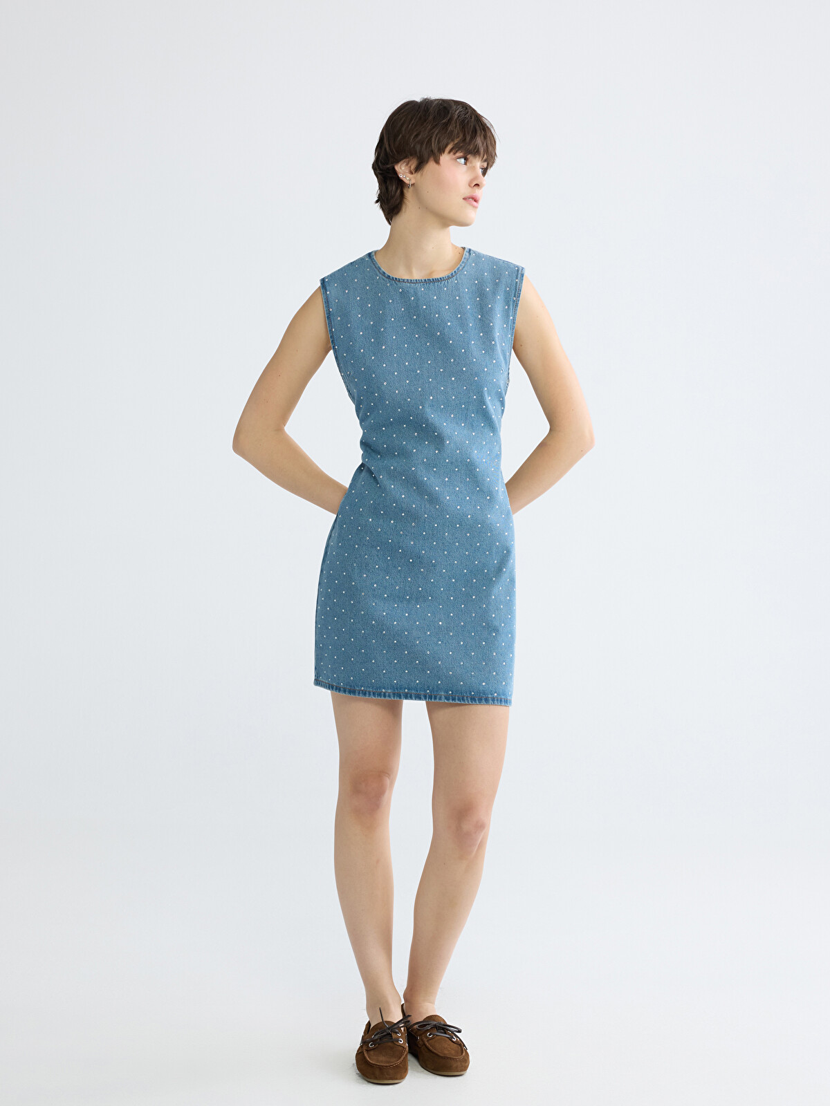 XSIDE Crew Neck Rhinestone Embellished Mini Denim Dress - S6BP48Z8
