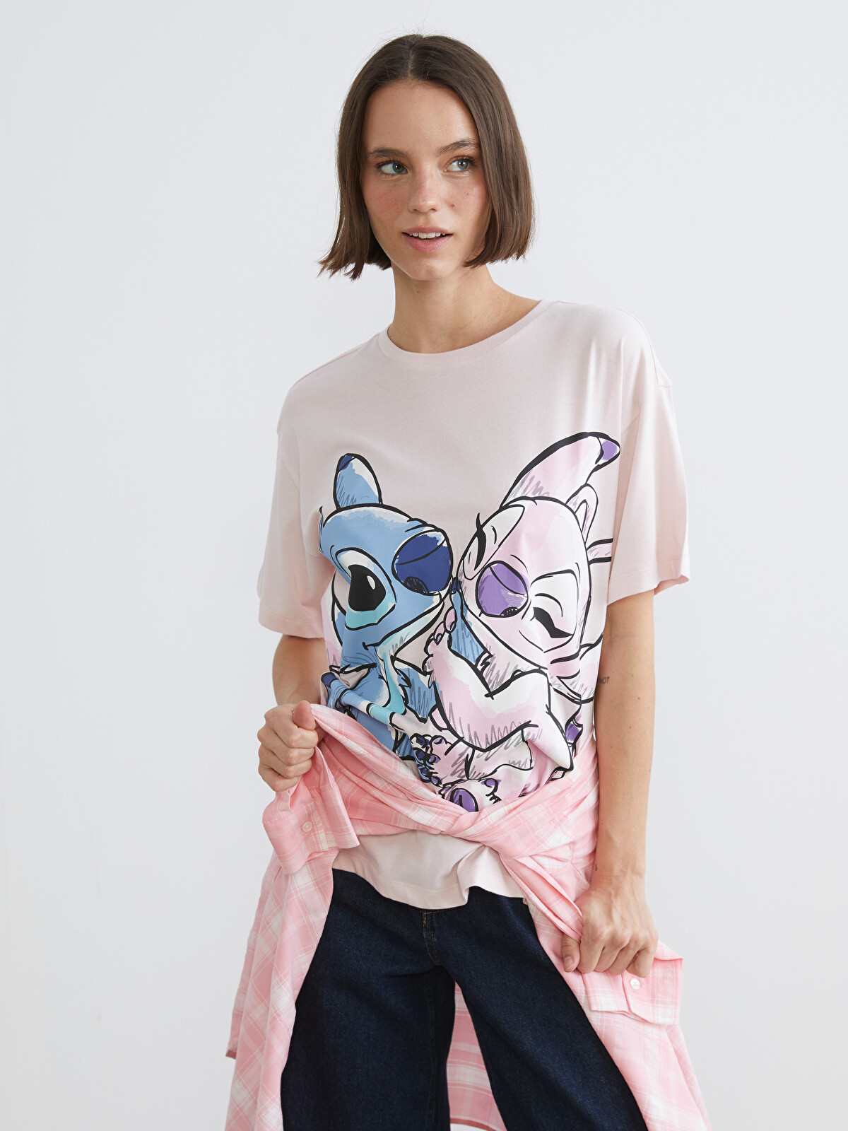 XSIDE Stitch Ve Angel Baskılı %100 Pamuklu Kadın Tişört - S6BQ21Z8