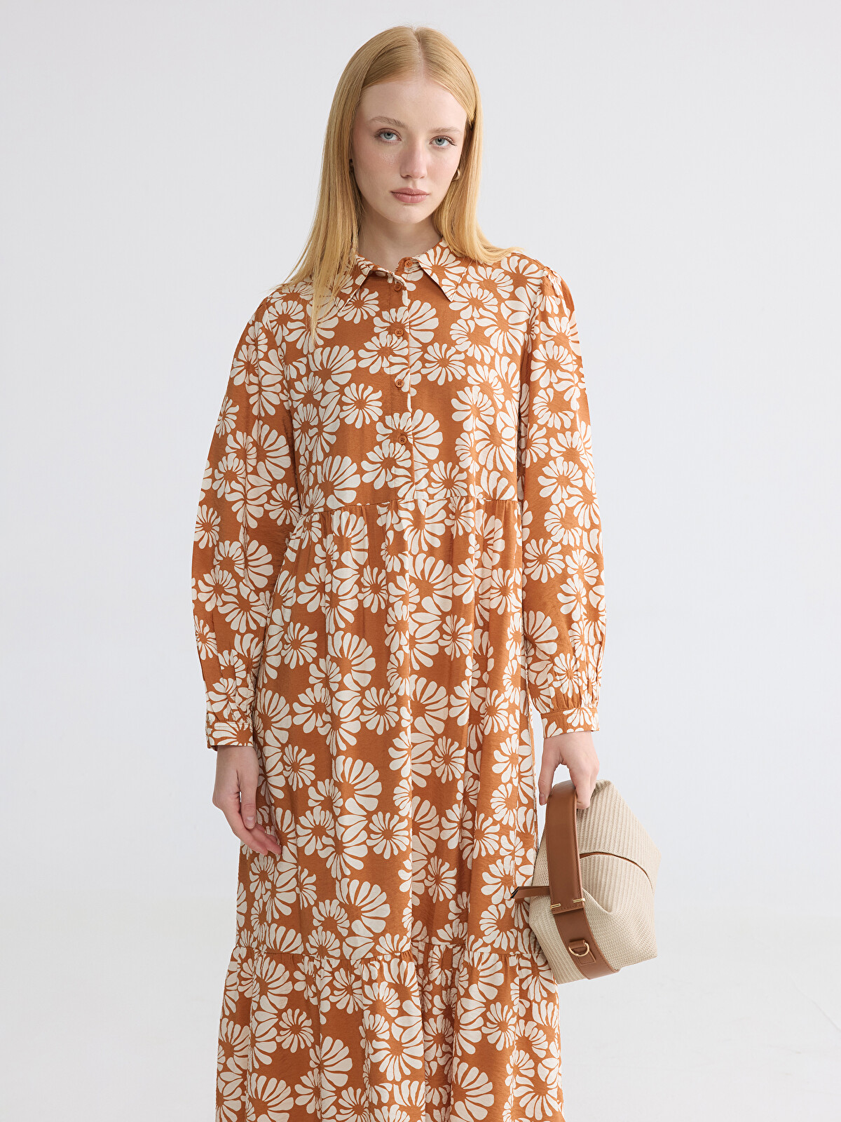 LCW Modest Collared Neck Floral A-line Dress - S6BS90Z8-LSR | LC
