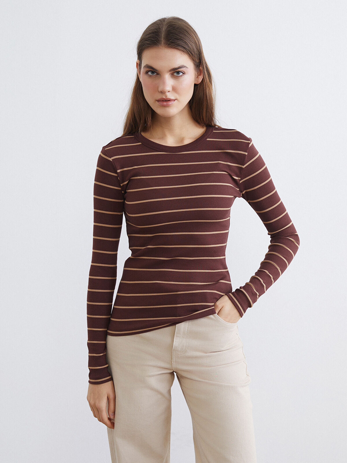 LCWAIKIKI Basic Bisiklet Yaka Çizgili Kadın Body