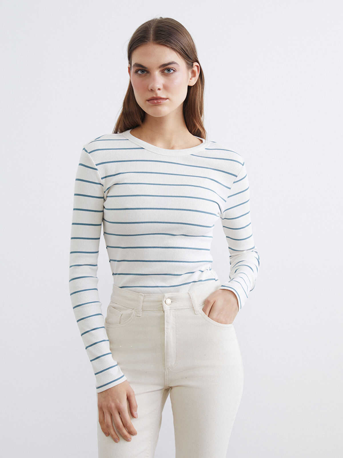 LCWAIKIKI Basic Bisiklet Yaka Çizgili Kadın Body