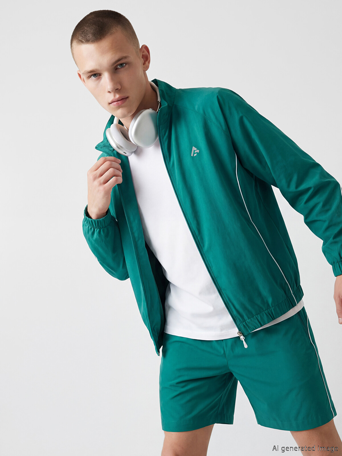 XSIDE ACTIVE Yeşil Dik Yaka Baskılı Erkek Fermuarlı Sweatshirt