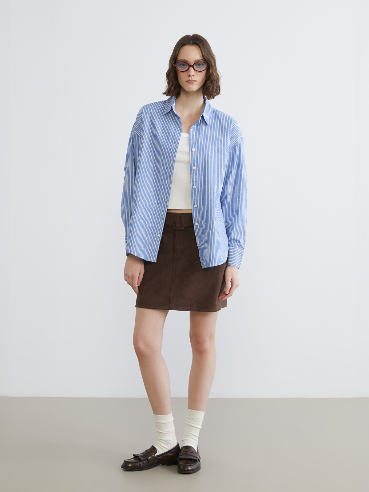XSIDE Çizgili Oversize Oxford Kadın Gömlek - S6CD76Z8-LEN | LC Waikiki