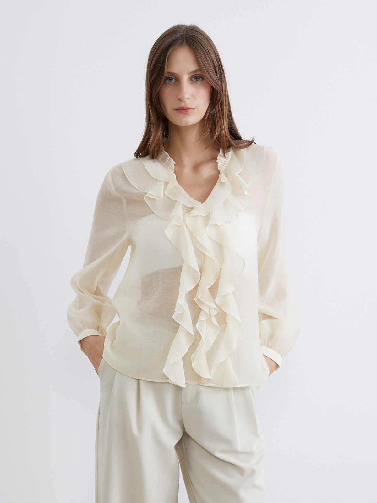 LCW EVERYDAY Women's V Neck Frilled Chiffon Blouse - S6CU16Z8-KXN