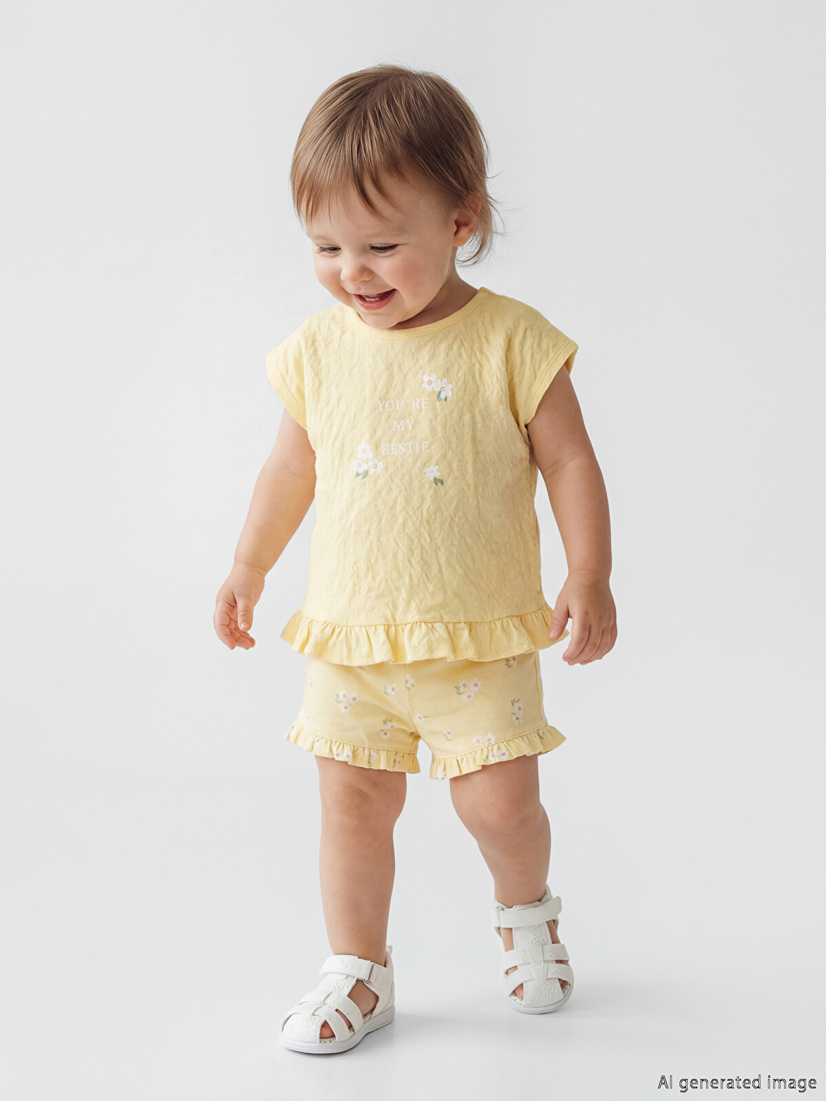♡bebe♡　0617 LCW baby Sarı Çiçekli Kız Bebek Tişört ve Şort - S6DS66Z1-YWD | LCW