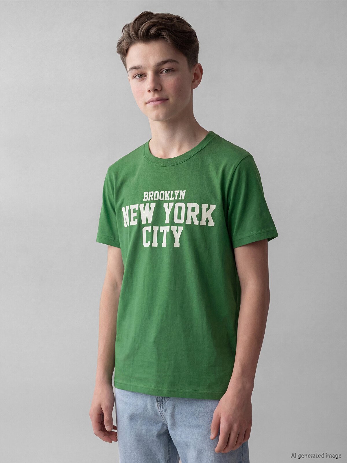LCW Kids Crew Neck New York Printed Boys' T-shirt - S6EE14Z4-GRE