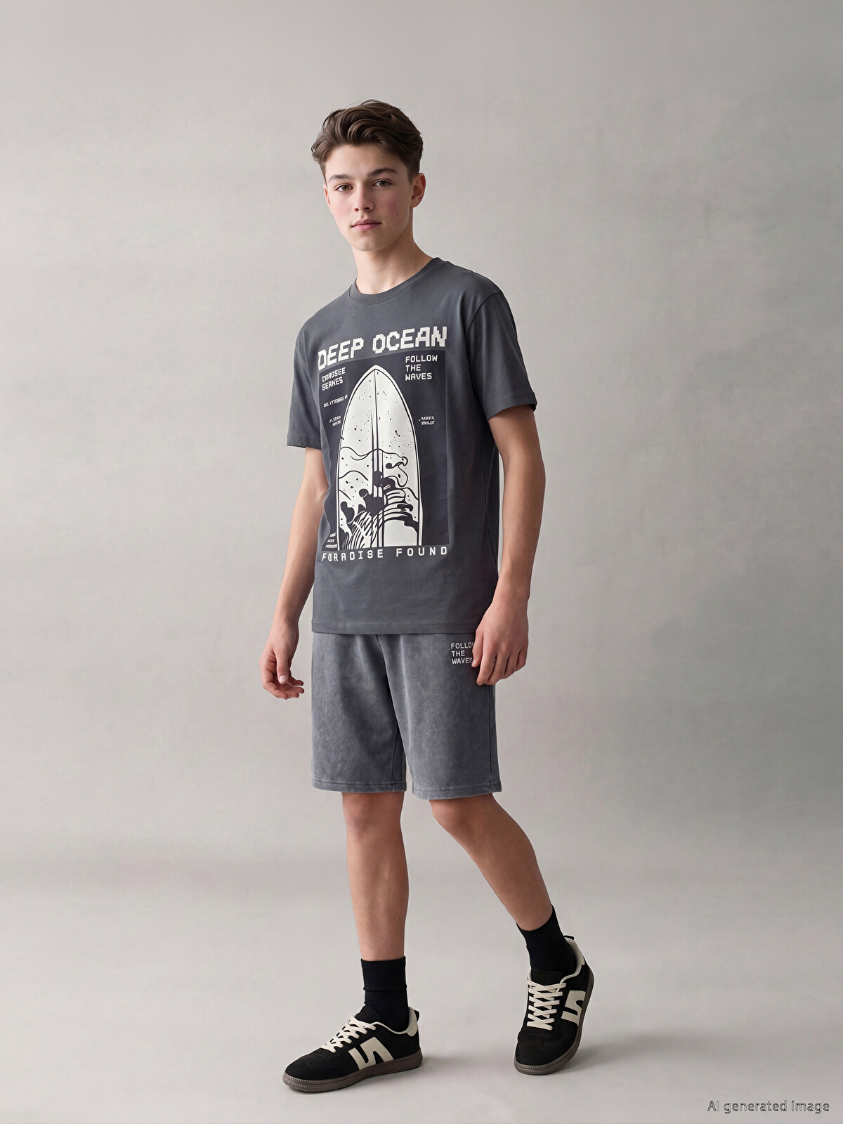LCW Kids Gri Bisiklet Yaka Baskılı Erkek Çocuk Tişört - S6EE19Z4