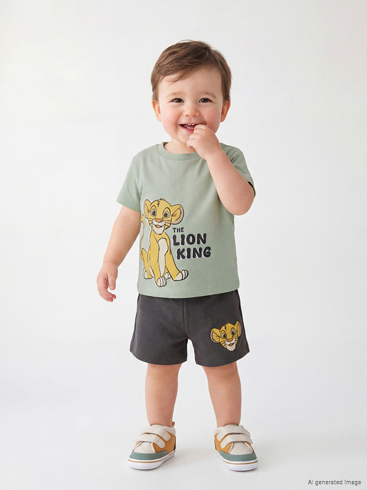 LCW baby Yeşil Aslan Kral Baskılı Erkek Bebek Tişört Ve Şort Takım
