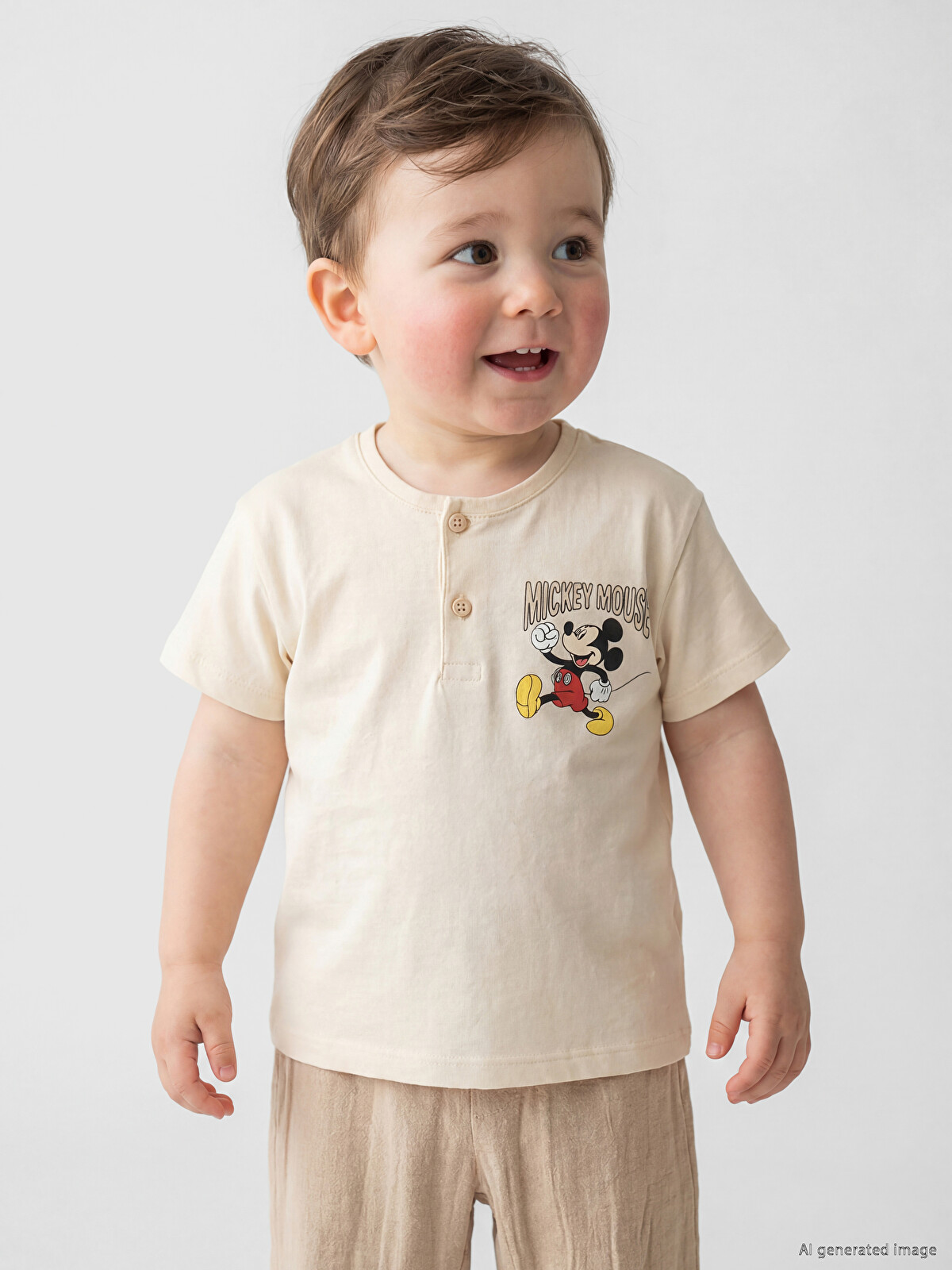 LCW baby Bej Mickey Mouse Baskılı Erkek Bebek Tişört Ve Pantolon