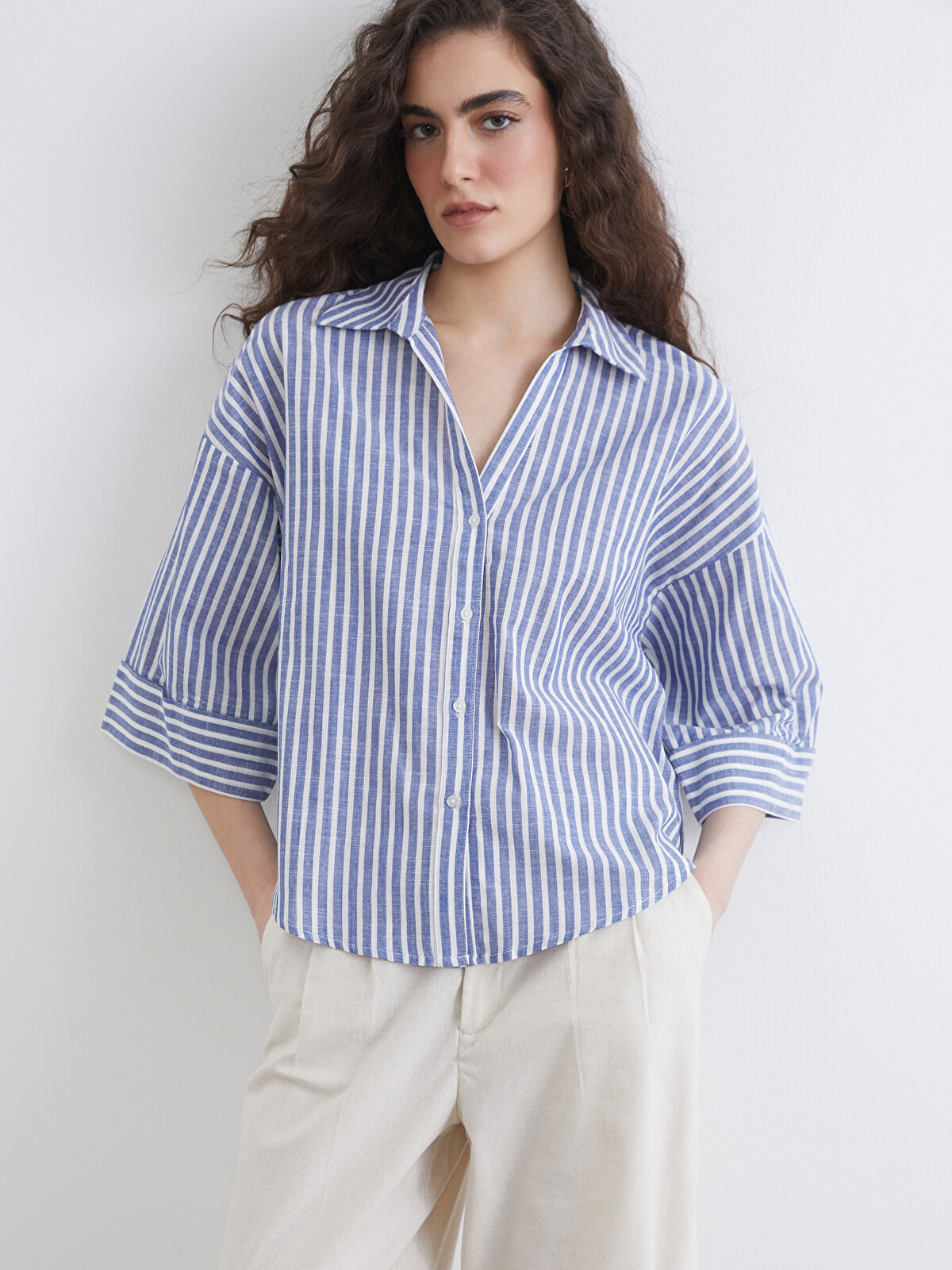 LCW Vision Striped Oversize Poplin Women's Shirt - S6EQ70Z8-LEN