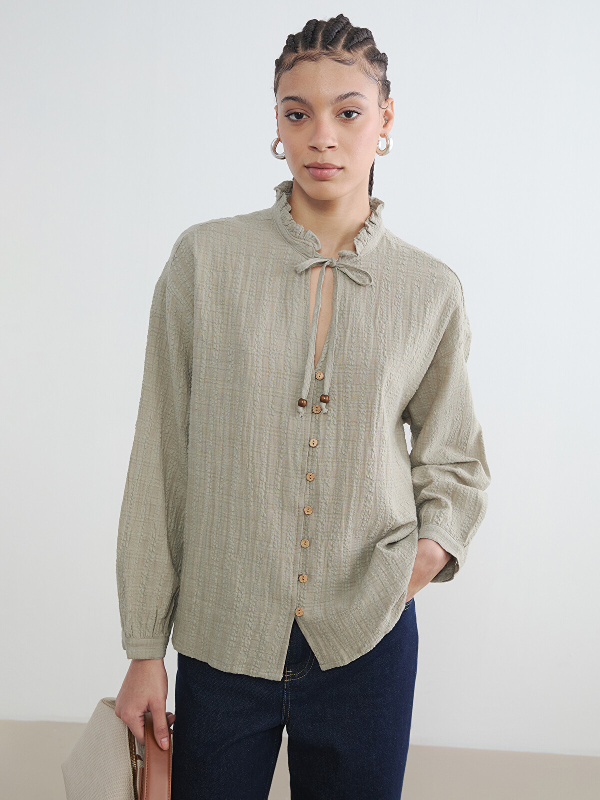 LCW Vision Tie Neck Dobby Fabric Women's Shirt - S6EQ71Z8-18C | LC