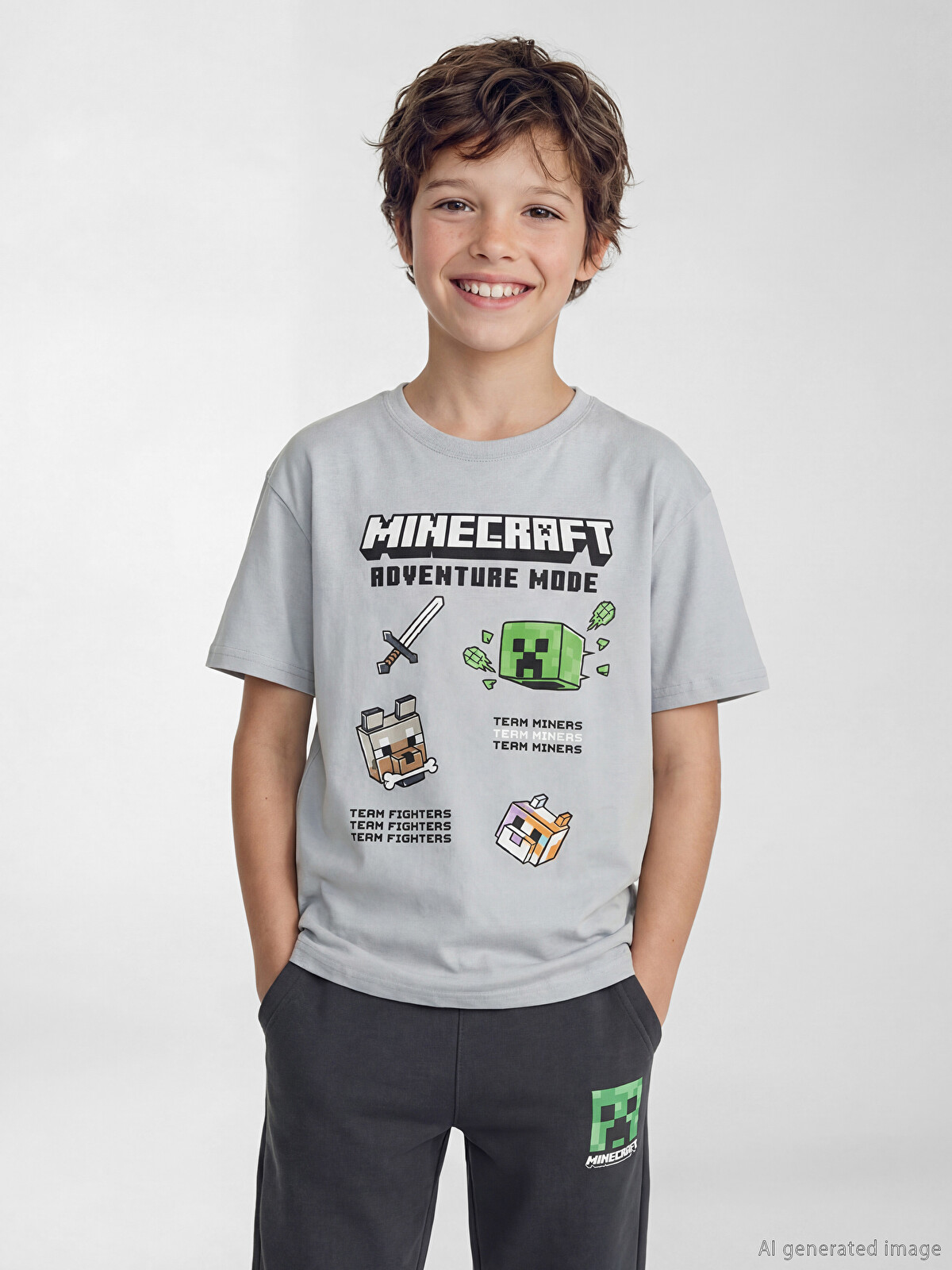 LCW Kids Gri Minecraft Baskılı Erkek Çocuk Tişört - S6EQ86Z4-FKD | LCW