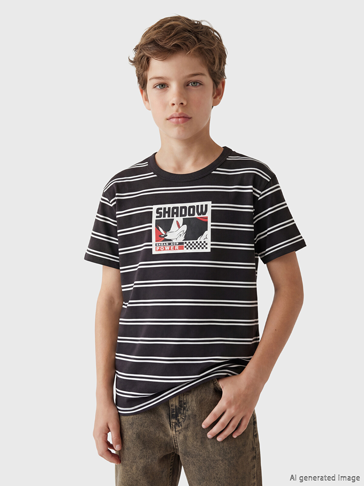 LCW Kids Siyah Bisiklet Yaka Sonic Baskılı Erkek Çocuk Tişört