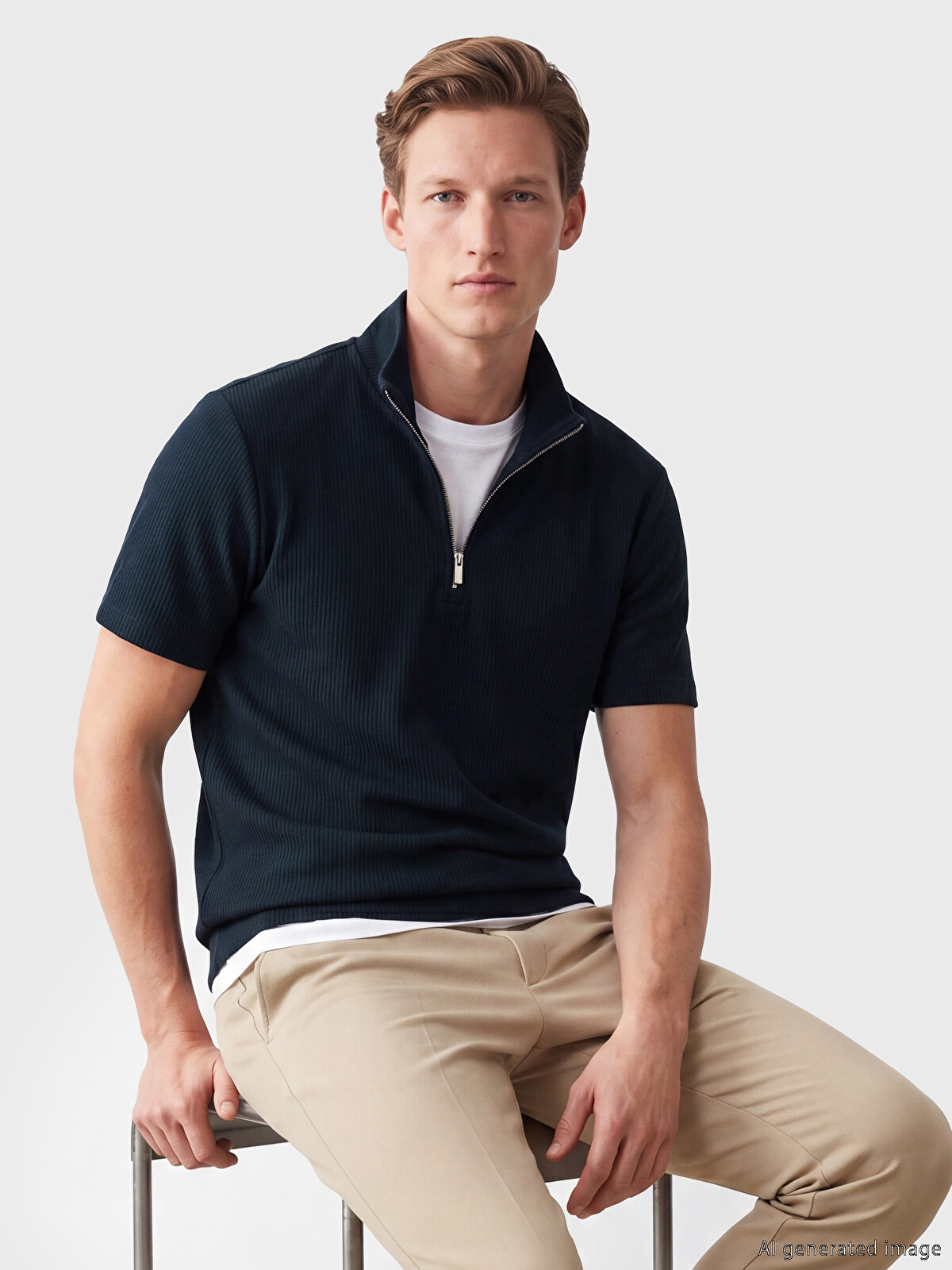 藍原 SOUTHBLUE Lacivert Fermuarlı Polo Yaka Erkek Tişört - S6FA81Z8-RFH