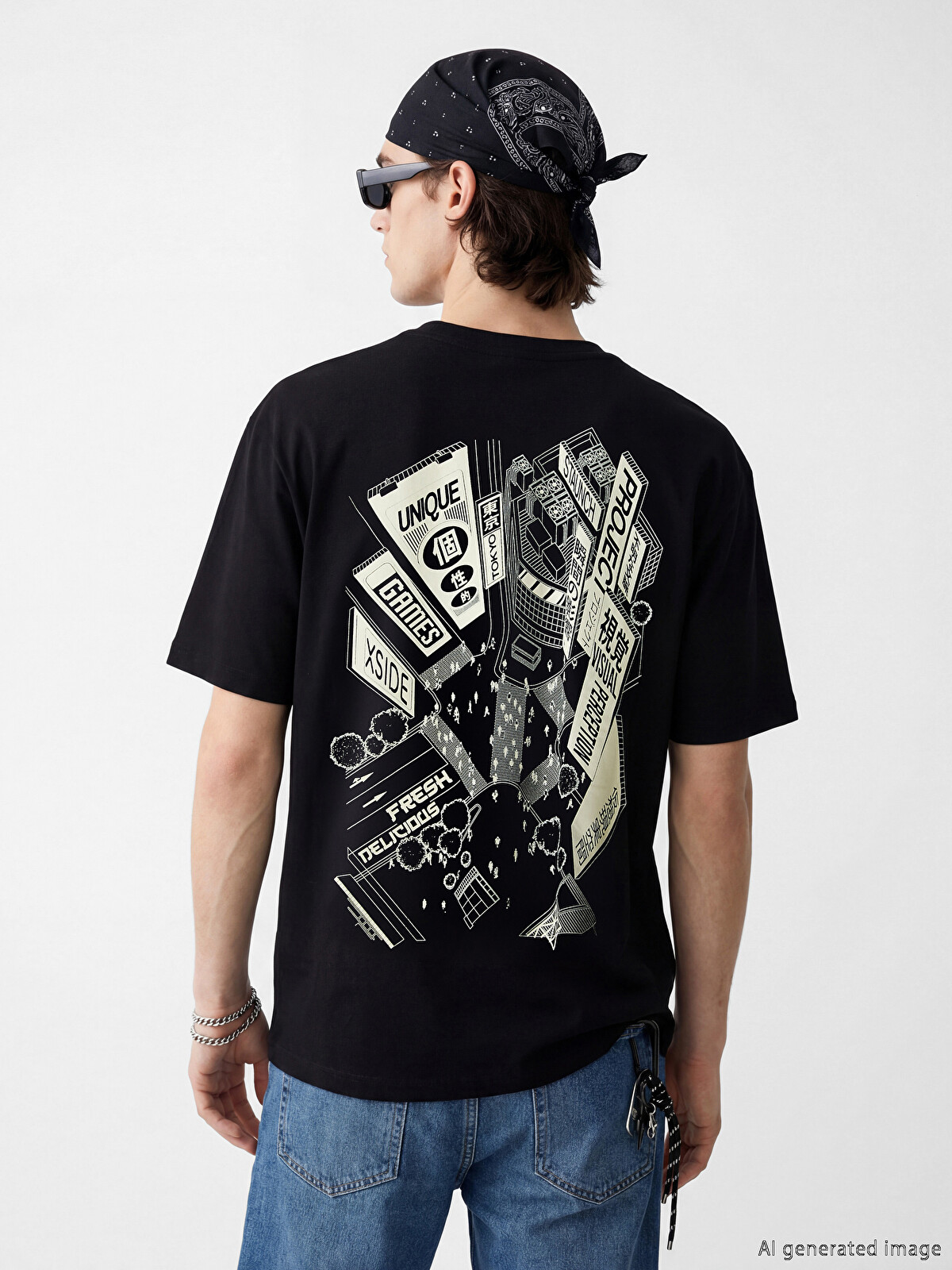 XSIDE Oversize Tokyo Print Men's T-Shirt - S6FB58Z8-CVL - LC Waikiki